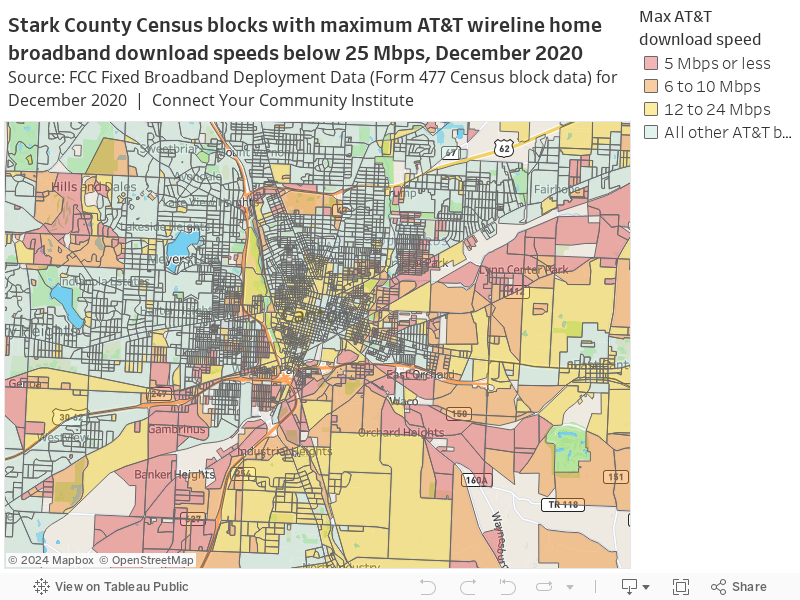 Stark County Census blocks with maximum AT&T fixed home broadband download speeds below 25 Mbps, December 2020Source: FCC Fixed Broadband Deployment Data (Form 477 Census block data) for December 2020  |  Connect Your Community Institute 