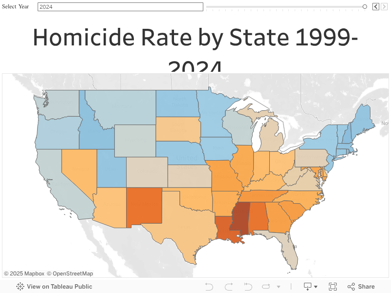 Homicide Rate by State 1999-2024Source: Centers for Disease Control and Prevention 