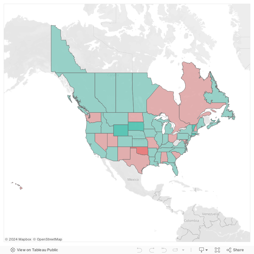 Map of U.S. and Canada showing the overall happiness, age, and hourly wage of restaurant employees