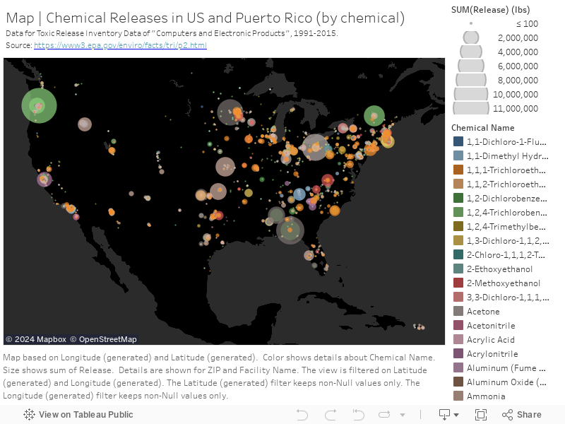 Map | Chemical Releases in US and Puerto Rico (by chemical)Data for Toxic Release Invetory Data of "Computers and Electronic Products", 1991-2015.Source: https://www3.epa.gov/enviro/facts/tri/p2.html 