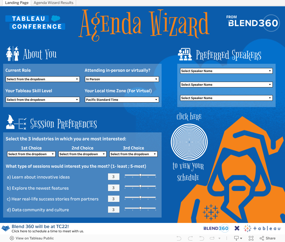 Tableau Conference 22 Agenda Wizard from Blend 360 Tableau Public