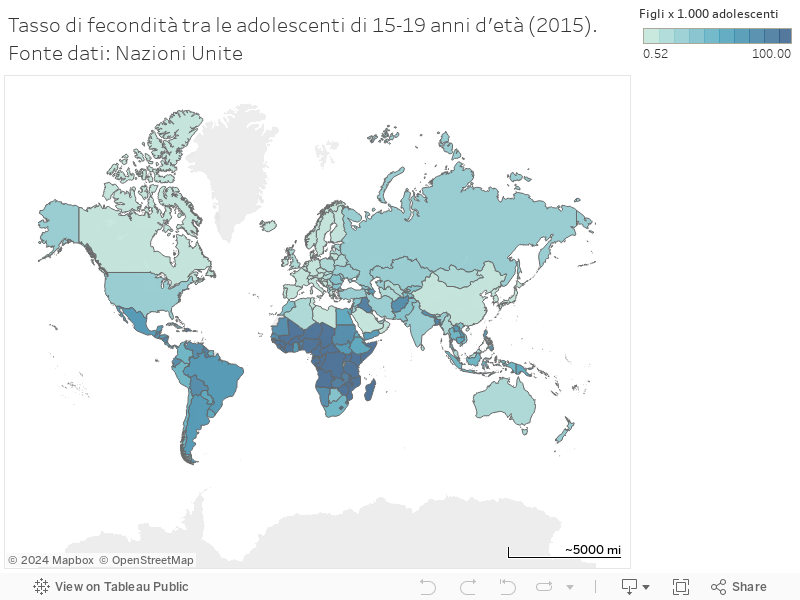 Tasso di fecondità tra le adolescenti di 15-19 anni d'età (2015). Fonte dati: Nazioni Unite 