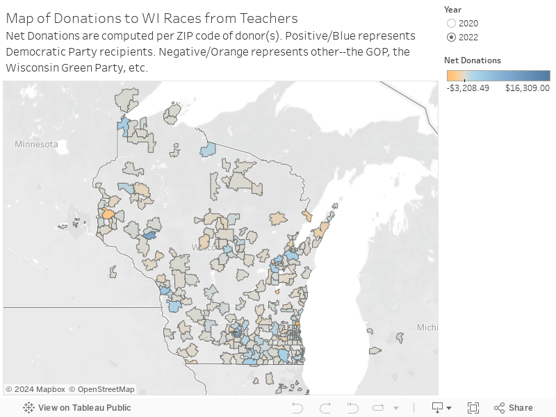 Map of Donations to WI Races from TeachersNet Donations are computed per ZIP code of donor(s). Positive/Blue represents Democratic Party recipients. Negative/Orange represents other--the GOP, the Wisconsin Green Party, etc. 