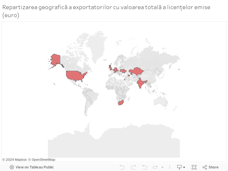 Repartizarea geografică a exportatorilor cu valoarea totală a licențelor emise (euro) 