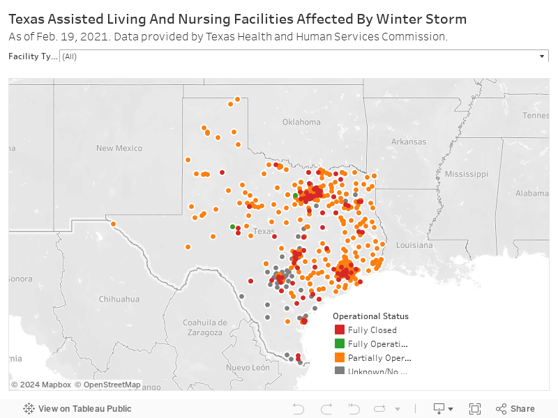 Texas Assisted Living And Nursing Facilities Affected By Winter StormAs of Feb. 19, 2021. Data provided by Texas Health and Human Services Commission. 