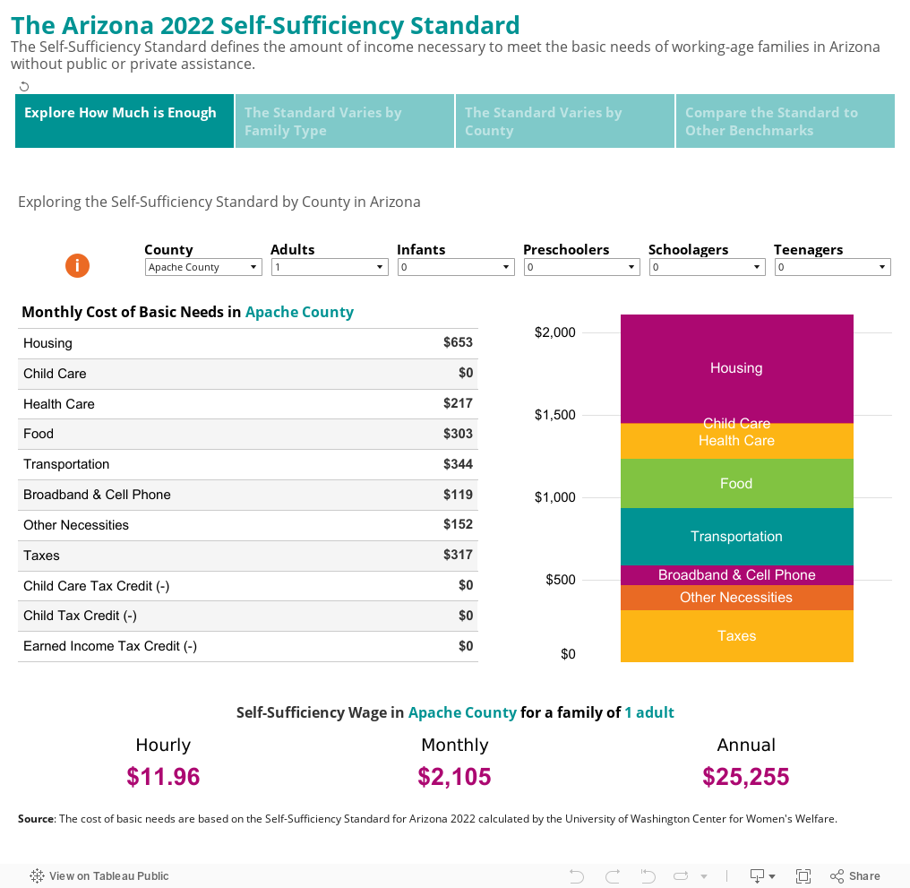 The Arizona 2022 Self-Sufficiency Standard The Self-Sufficiency Standard defines the amount of income necessary to meet the basic needs of working-age families in Arizona without public or private assistance. 