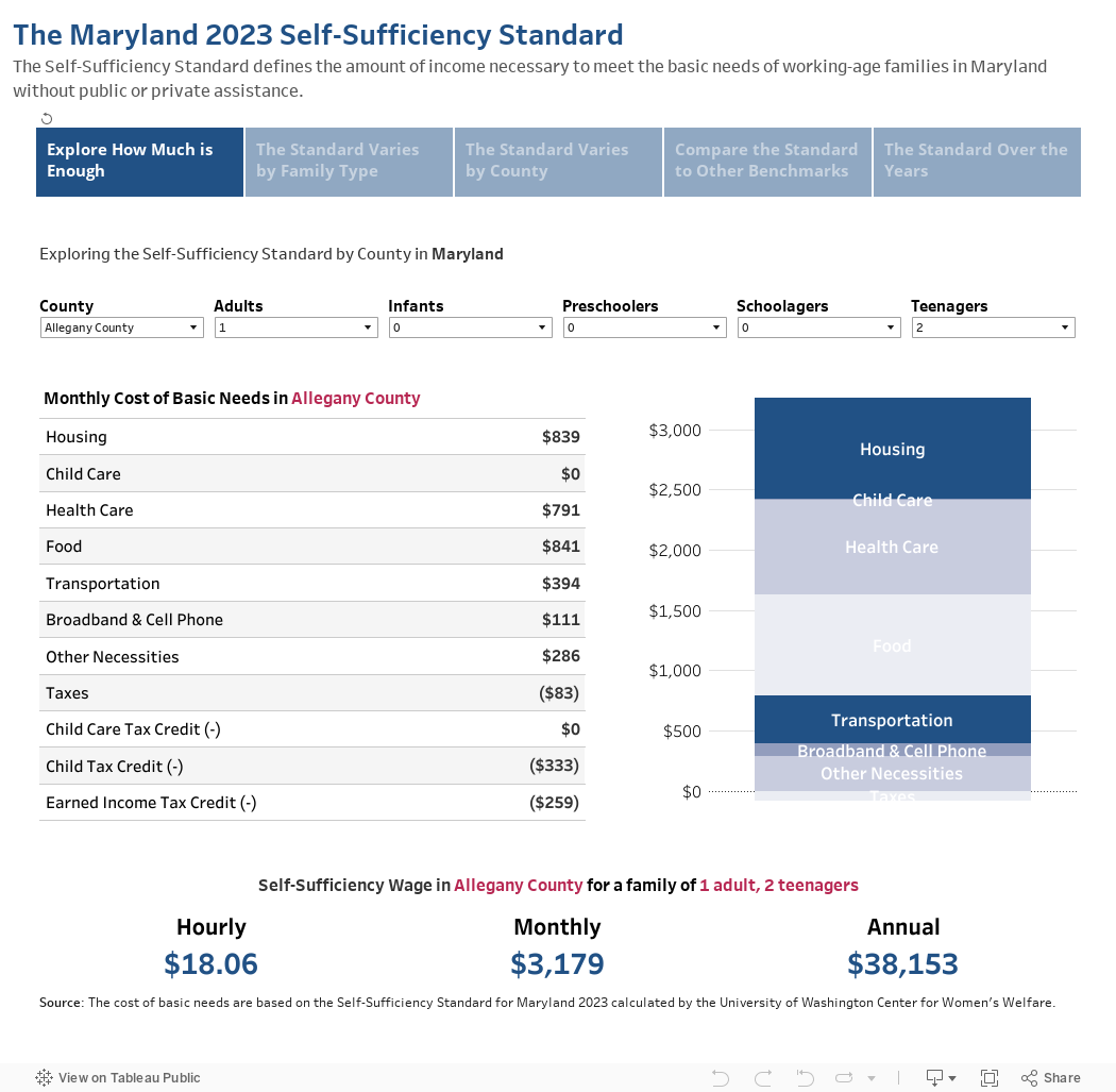 The Maryland 2023 Self-Sufficiency Standard The Self-Sufficiency Standard defines the amount of income necessary to meet the basic needs of working-age families in Maryland without public or private assistance. 