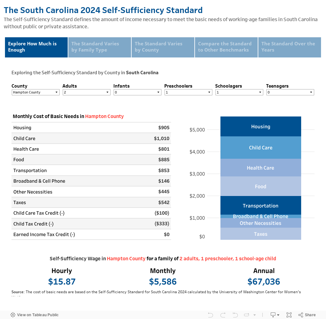 The South Carolina 2024 Self-Sufficiency Standard The Self-Sufficiency Standard defines the amount of income necessary to meet the basic needs of working-age families in South Carolina without public or private assistance. 
