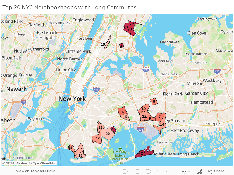 Map Showing the Top 20 NYC Neighborhoods with Long Commutes