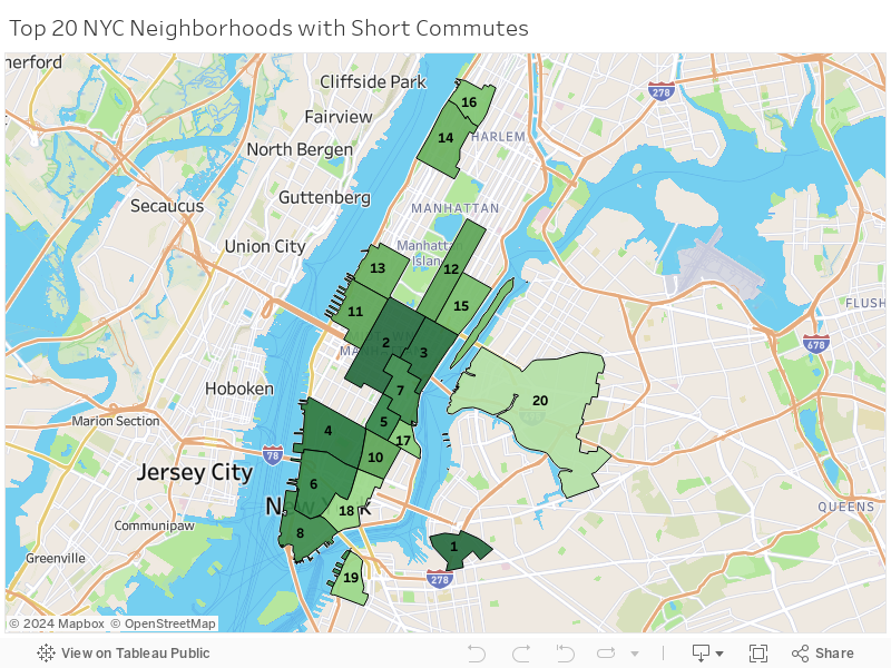 Map Showing the Top 20 NYC Neighborhoods with Short Commutes