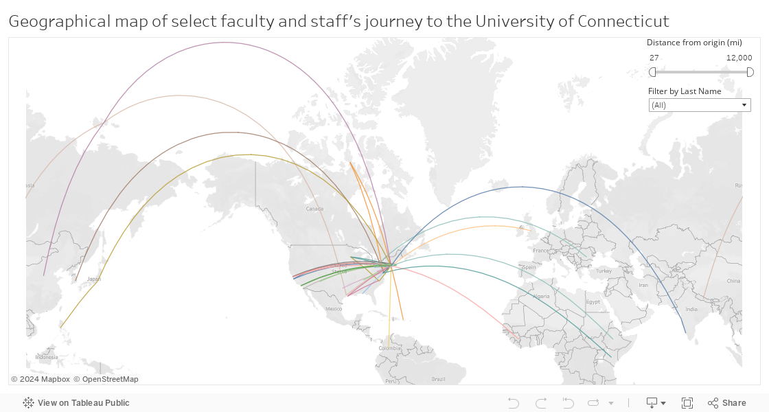 Geographical map of select faculty and staff's journey to the University of Connecticut 