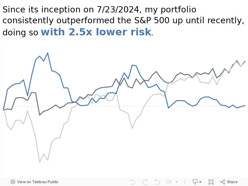 Since its inception on 7/23/2024, my US portfolio has only lagged behind the S&P 500 once, while outperforming it with 2.5 times less risk! 