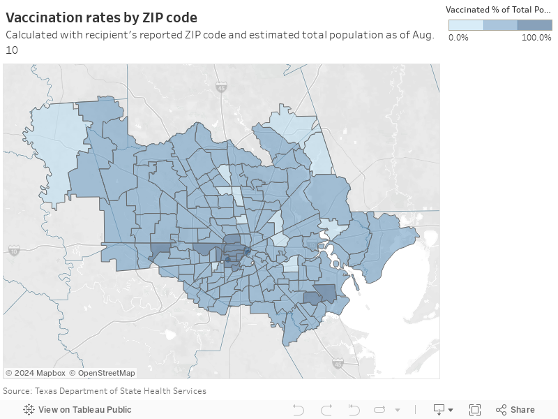 Vaccination rates by ZIP codeCalculated with recipient's reported ZIP code and estimated total population 