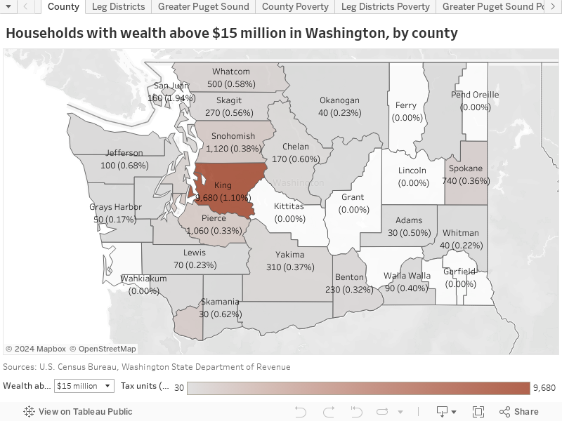 Households with wealth above $15 million in Washington, by county 