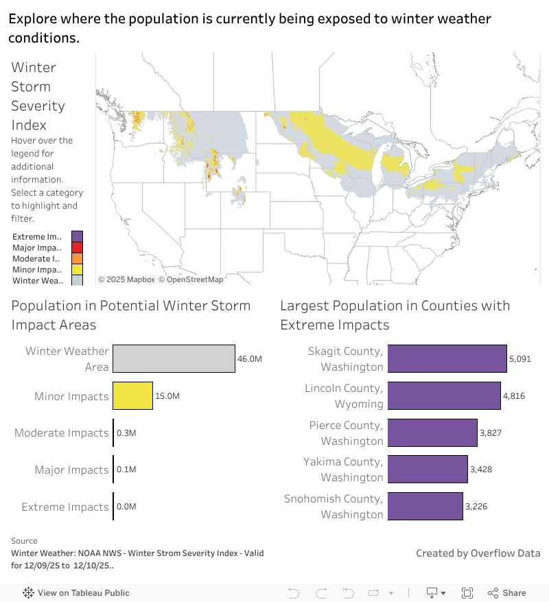 Explore where the population is currently being exposed to winter weather conditions. 
