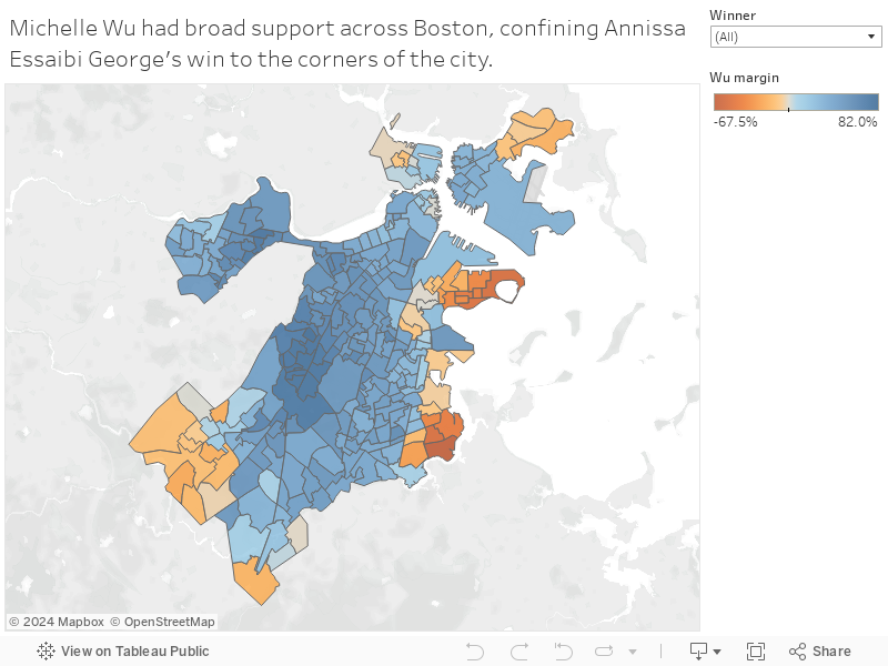 Michelle Wu had broad support across Boston, confining Annissa Essaibi George's win to the corners of the city. 