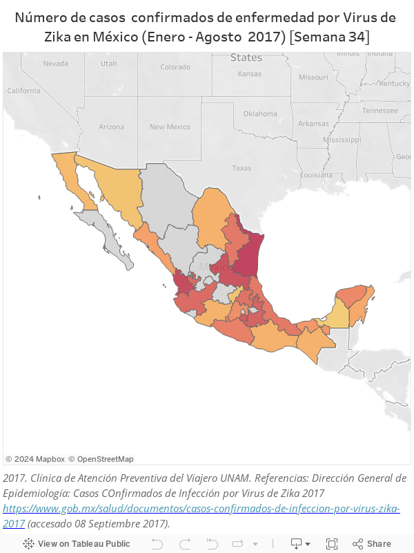 Número de casos  confirmados de enfermedad por Virus de Zika en México (Enero - Agosto  2017) [Semana 34] 
