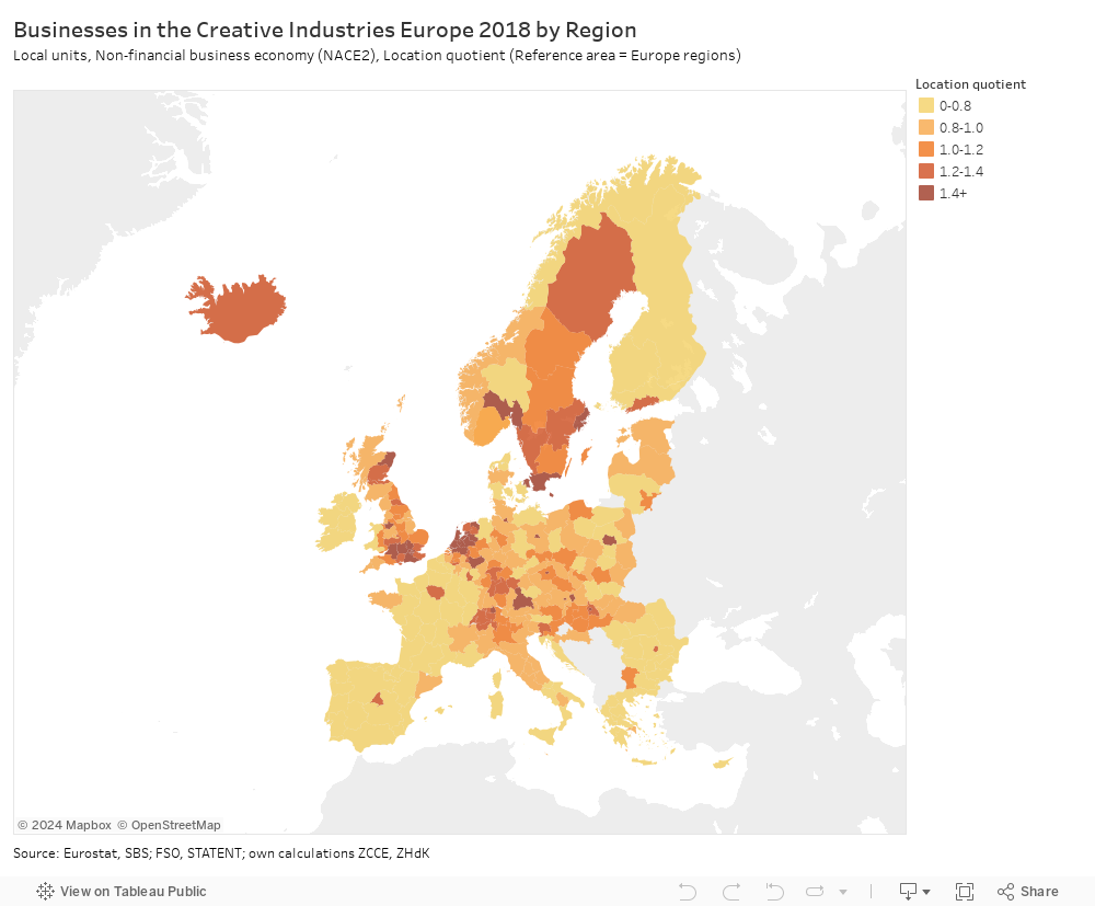 Businesses in the Creative Industries Europe 2018 by RegionLocal units, Non-financial business economy (NACE2), Location quotient (Reference area = Europe regions) 