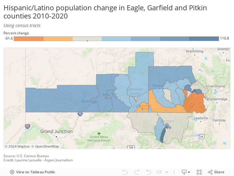 Hispanic/Latino population change in Eagle, Garfield and Pitkin counties 2010-2020 
