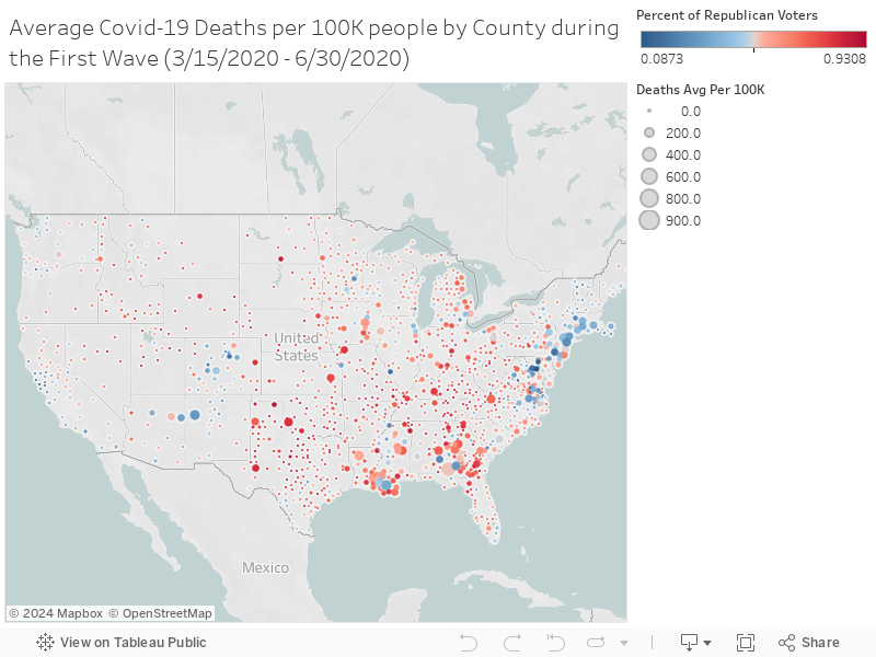 Average Covid-19 Deaths per 100K people by County during the First Wave (3/15/2020 - 6/30/2020) 