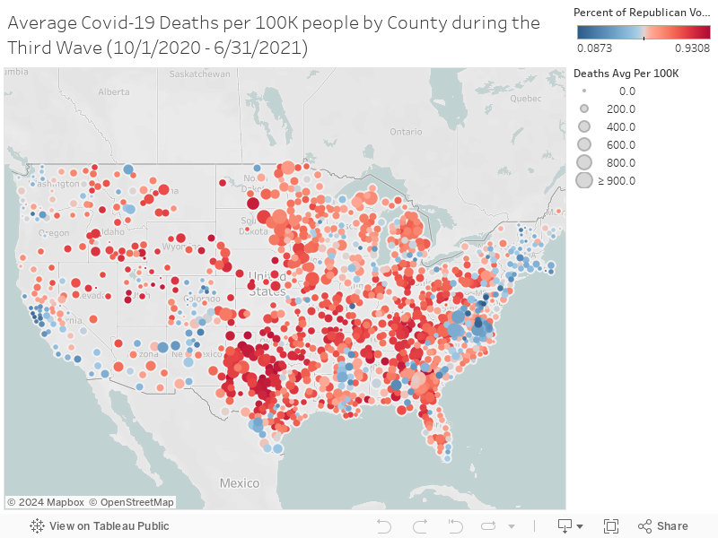 Average Covid-19 Deaths per 100K people by County during the Third Wave (10/1/2020 - 6/31/2021) 