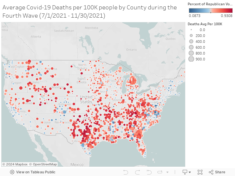 Average Covid-19 Deaths per 100K people by County during the Fourth Wave (7/1/2021 - 11/30/2021) 