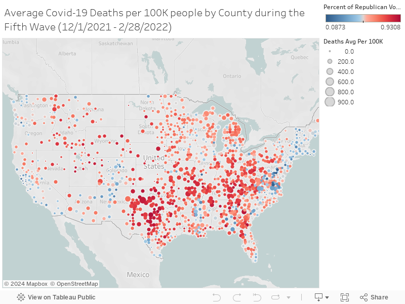 Average Covid-19 Deaths per 100K people by County during the Fifth Wave (12/1/2021 - 2/28/2022) 