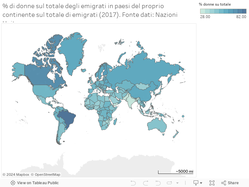 % di donne sul totale degli emigrati in paesi del proprio continente sul totale di emigrati (2017). Fonte dati: Nazioni Unite 