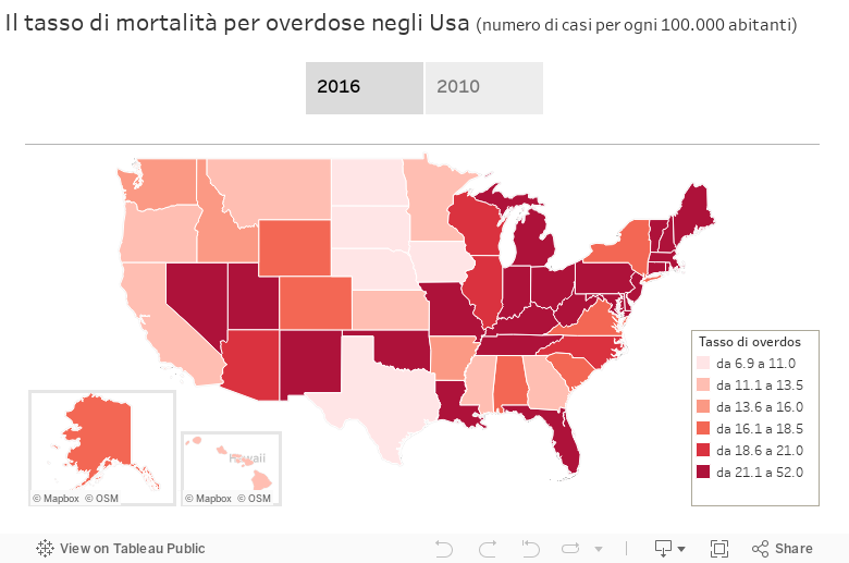 Il tasso di mortalità per overdose negli Usa (numero di casi per ogni 100.000 abitanti) 