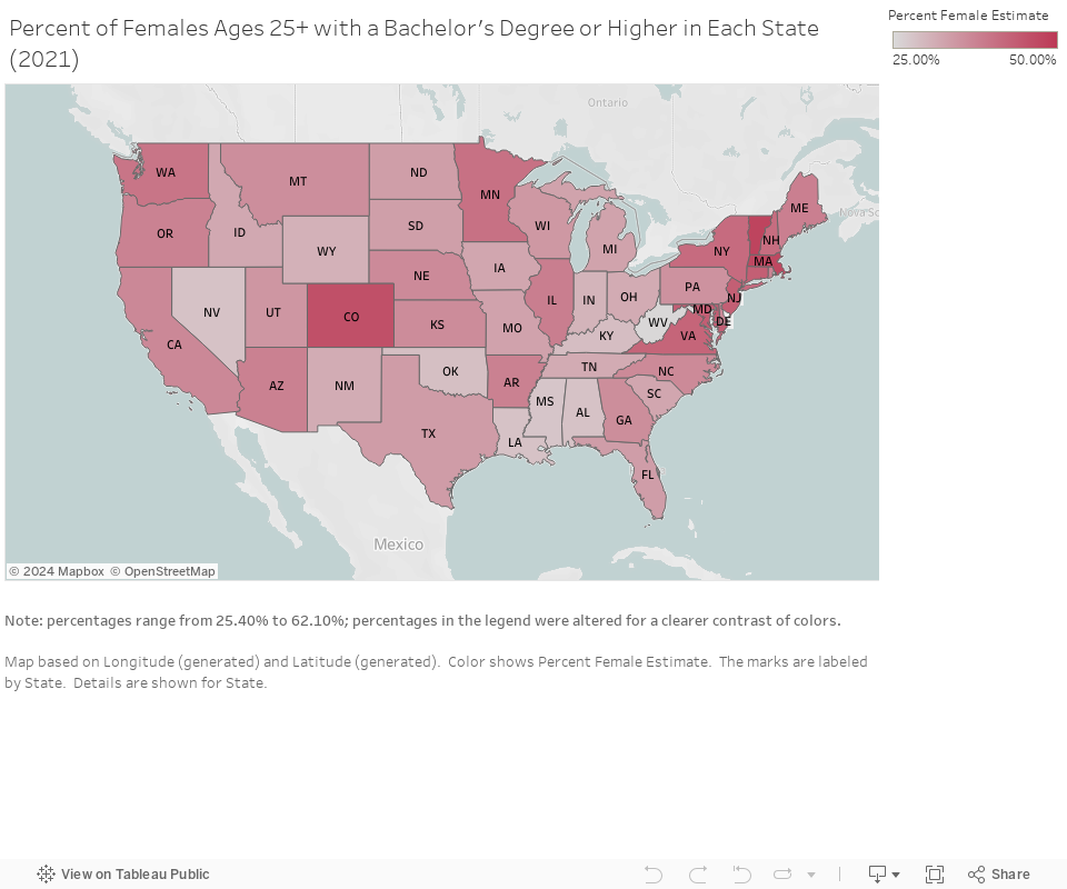 Percent of Females Ages 25+ with a Bachelor's Degree or Higher in Each State (2021) 