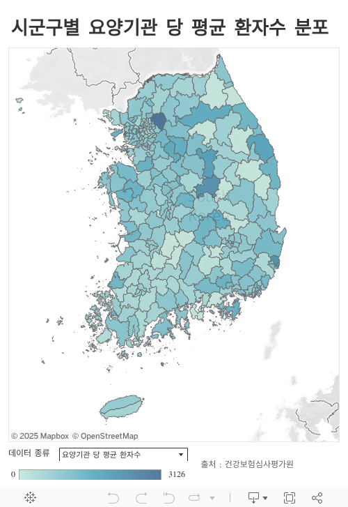 시군구별 요양기관 당 평균 환자수 분포